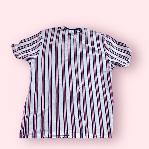 Denim&Flower Men Crew Neck Short Sleeve Stripe T-shirt, Beige and Green and Red - Picture 3 of 6